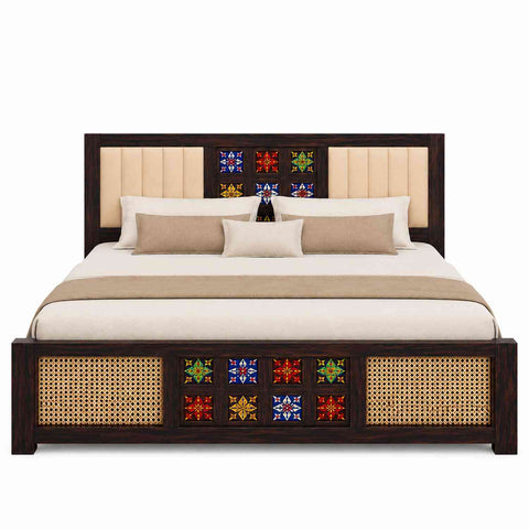 Canejoy Solid Sheesham Wood Bed With Box Storage With Cushion (Queen Size, Walnut Finish)