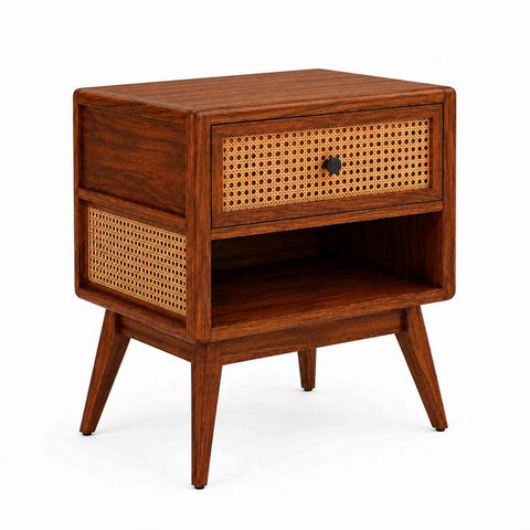 Canejoy Solid Sheesham Wood Bedside Table With 1 Drawer (Natural Finish)
