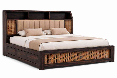 Canejoy Solid Sheesham Wood Bed With Box Storage (Queen Size, Walnut Finish)