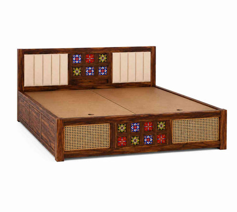 Canejoy Solid Sheesham Wood Bed With Box Storage With Cushion (King Size, Natural Finish)