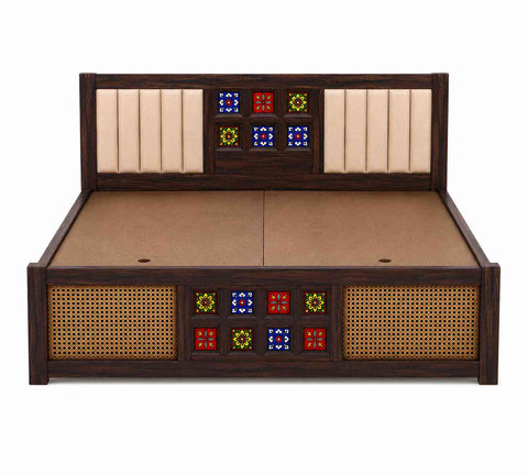 Canejoy Solid Sheesham Wood Hydraulic Bed With Box Storage With Cushion (King Size, Walnut Finish)