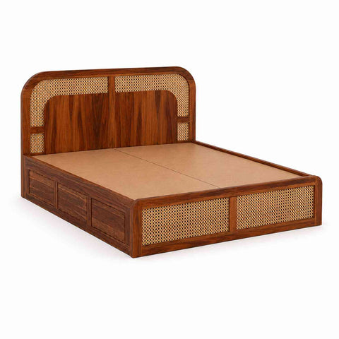 Canejoy Solid Sheesham Wood Bed With Manual Box Storage (Queen Size, Natural Finish)