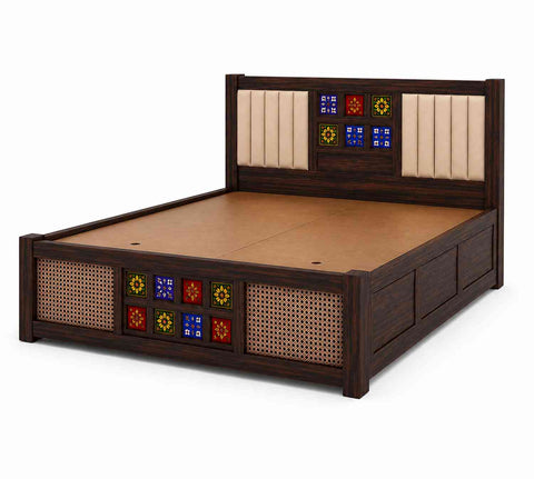 Canejoy Solid Sheesham Wood Bed With Box Storage With Cushion (King Size, Walnut Finish)