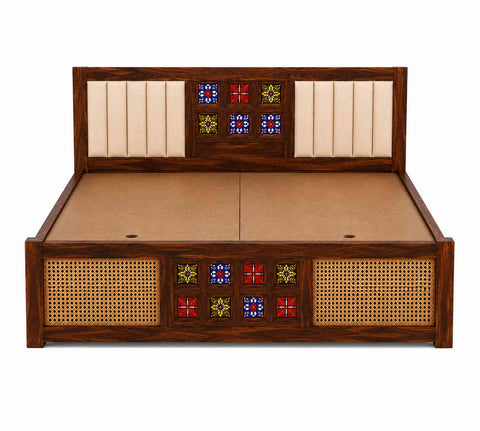 Canejoy Solid Sheesham Wood Hydraulic Bed With Box Storage With Cushion (King Size, Natural Finish)