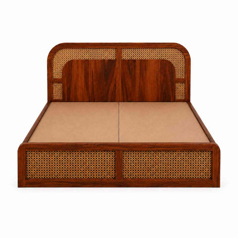 Canejoy Solid Sheesham Wood Bed With Manual Box Storage (Queen Size, Natural Finish)