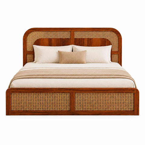 Canejoy Solid Sheesham Wood Bed With Manual Box Storage (Queen Size, Natural Finish)
