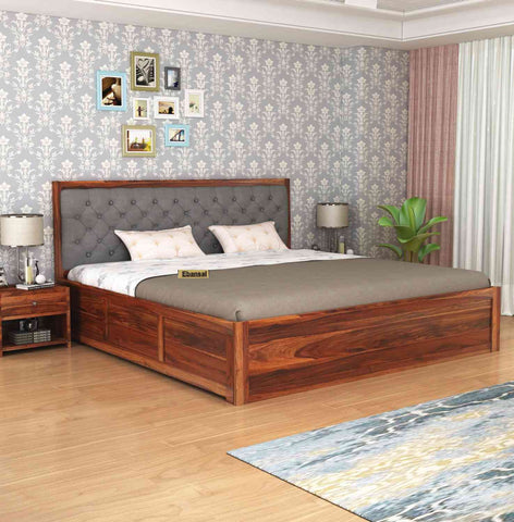 Elementra Solid Sheesham Wood Hydraulic Bed With Box Storage (Queen Size, Natural Finish)