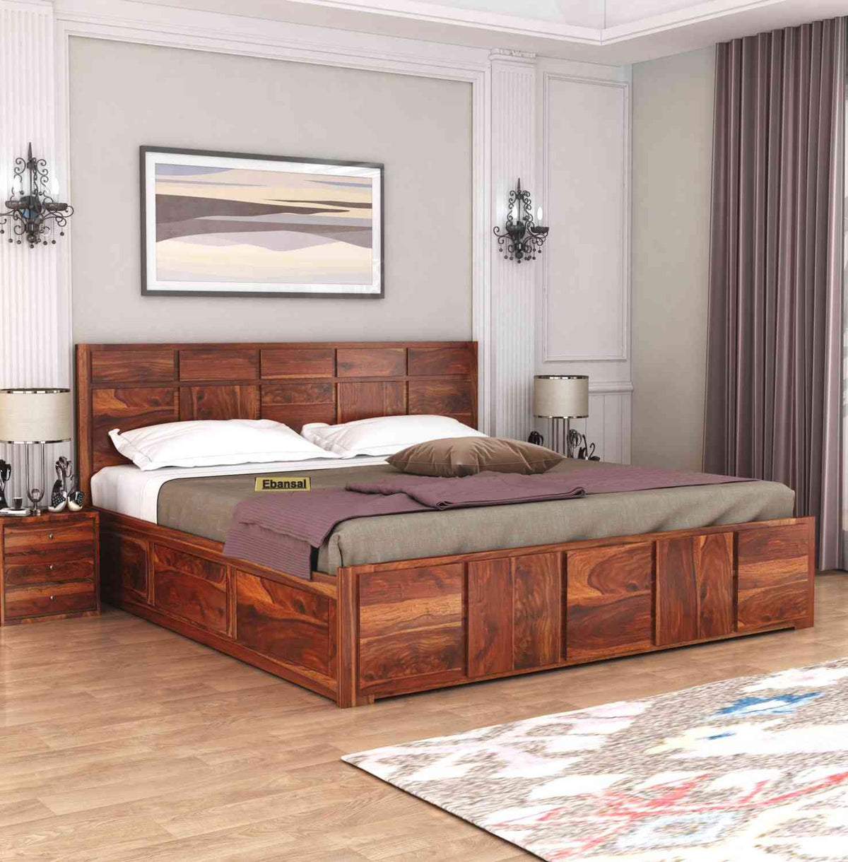 Mobell Solid Sheesham Wood Bed With Box Storage (Queen Size, Natural Finish)