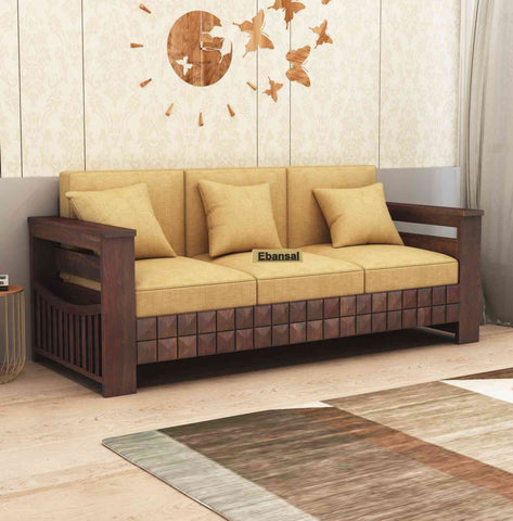Sofia Solid Sheesham Wood 3 Seater Sofa (Walnut Finish)
