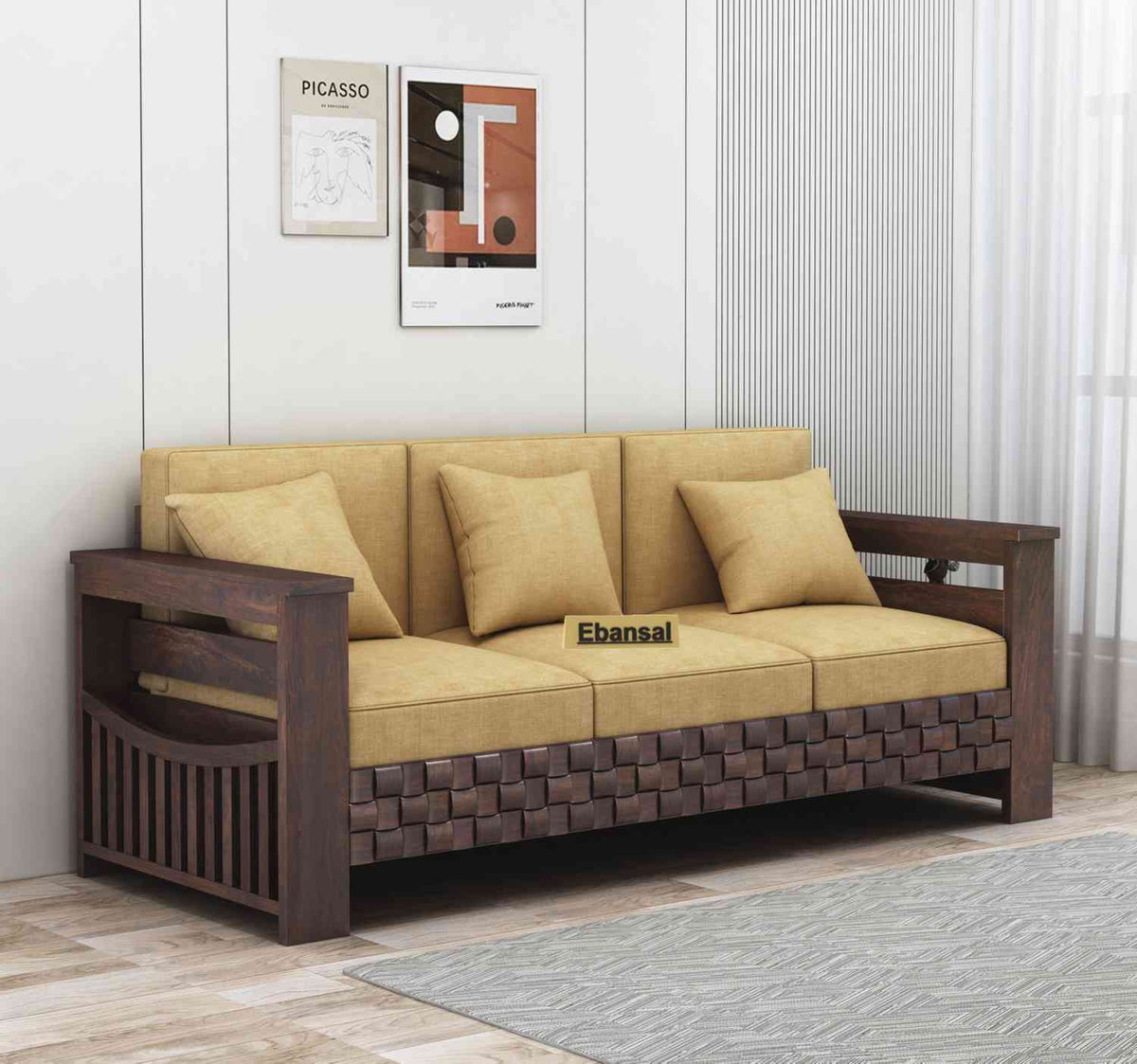 Olivia Solid Sheesham Wood 3 Seater Sofa (Walnut Finish)