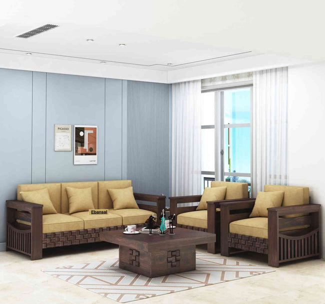Olivia Solid Sheesham Wood 5 Seater Sofa Set With Coffee Table (3+1+1, Walnut Finish)