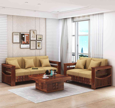 Sofia Solid Sheesham Wood 5 Seater Sofa Set (Natural Finish, 3+2)