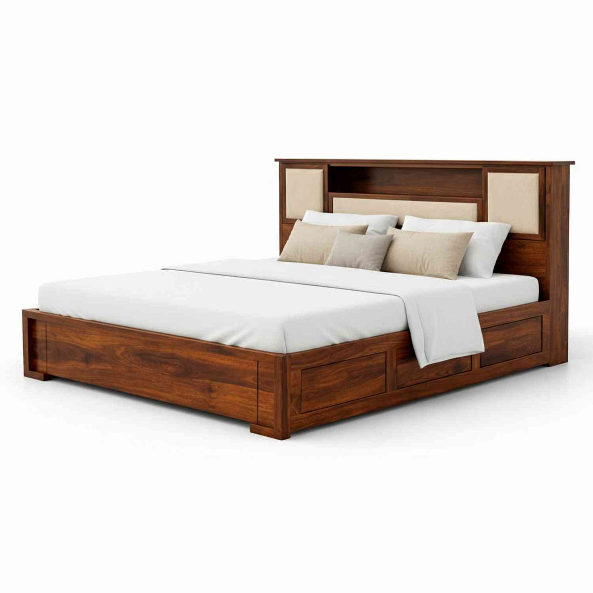 Feelinn Solid Sheesham Wood Bed With Box Storage (Queen Size, Natural Finish)