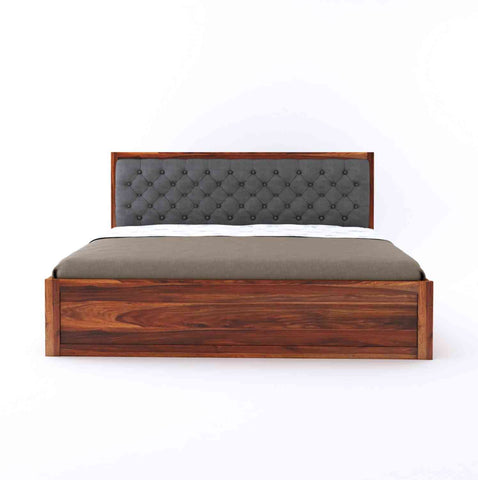Elementra Solid Sheesham Wood Hydraulic Bed With Box Storage (Queen Size, Natural Finish)
