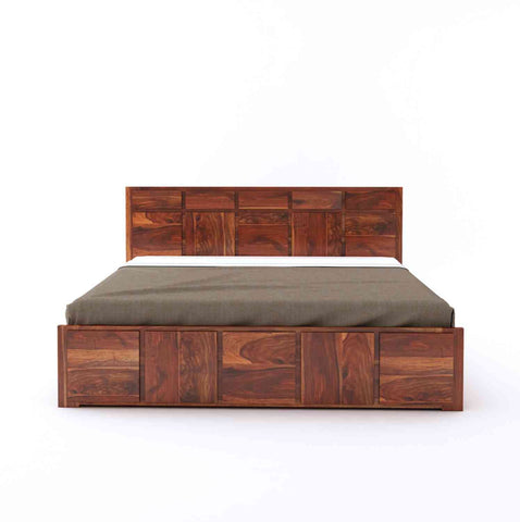 Mobell Solid Sheesham Wood Hydraulic Bed With Box Storage (King Size, Natural Finish)