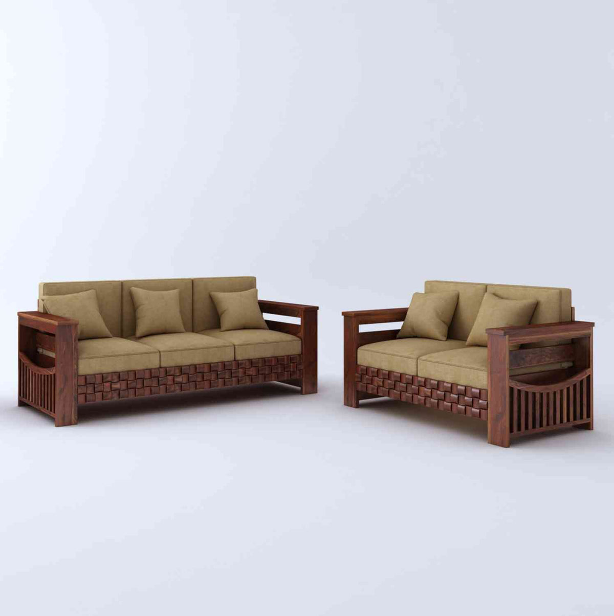 Olivia Solid Sheesham Wood 5 Seater Sofa Set With Coffee Table (3+2, Natural Finish)