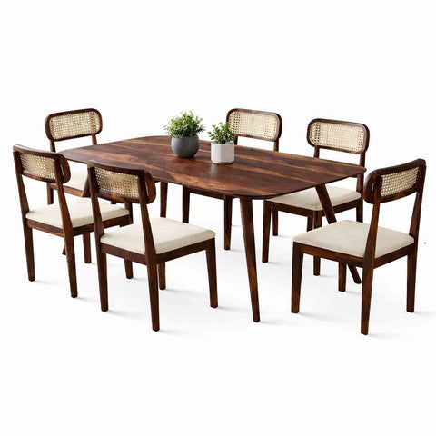 Canejoy Solid Sheesham Wood 6 Seater Dining Set (With Cushion, Natural Finish)