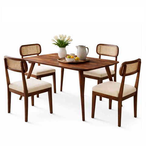 Canejoy Solid Sheesham Wood 4 Seater Dining Set (With Cushion, Natural Finish)