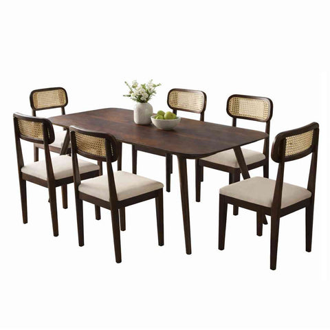 Canejoy Solid Sheesham Wood 6 Seater Dining Set (With Cushion, Walnut Finish)