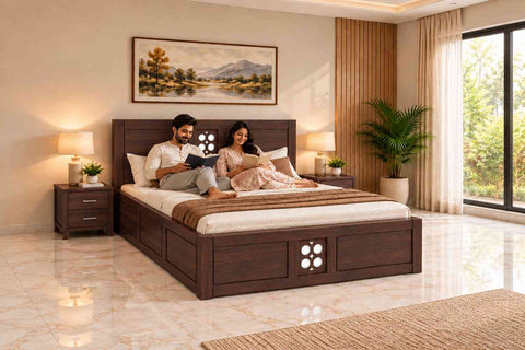 Monstro Solid Sheesham Wood Bed With Box Storage (Queen Size, Walnut Finish)