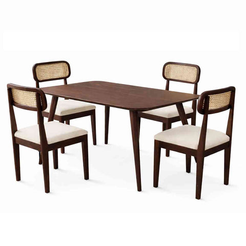Canejoy Solid Sheesham Wood 4 Seater Dining Set (With Cushion, Walnut Finish)