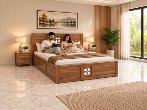 Monstro Solid Sheesham Wood Bed With Box Storage (King Size, Natural Finish)