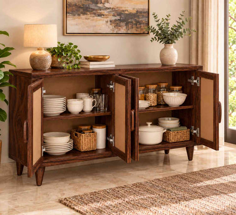 Canejoy Solid Sheesham Wood Sideboard (Walnut Finish)