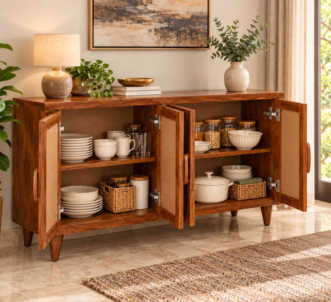 Canejoy Solid Sheesham Wood Sideboard (Natural Finish)