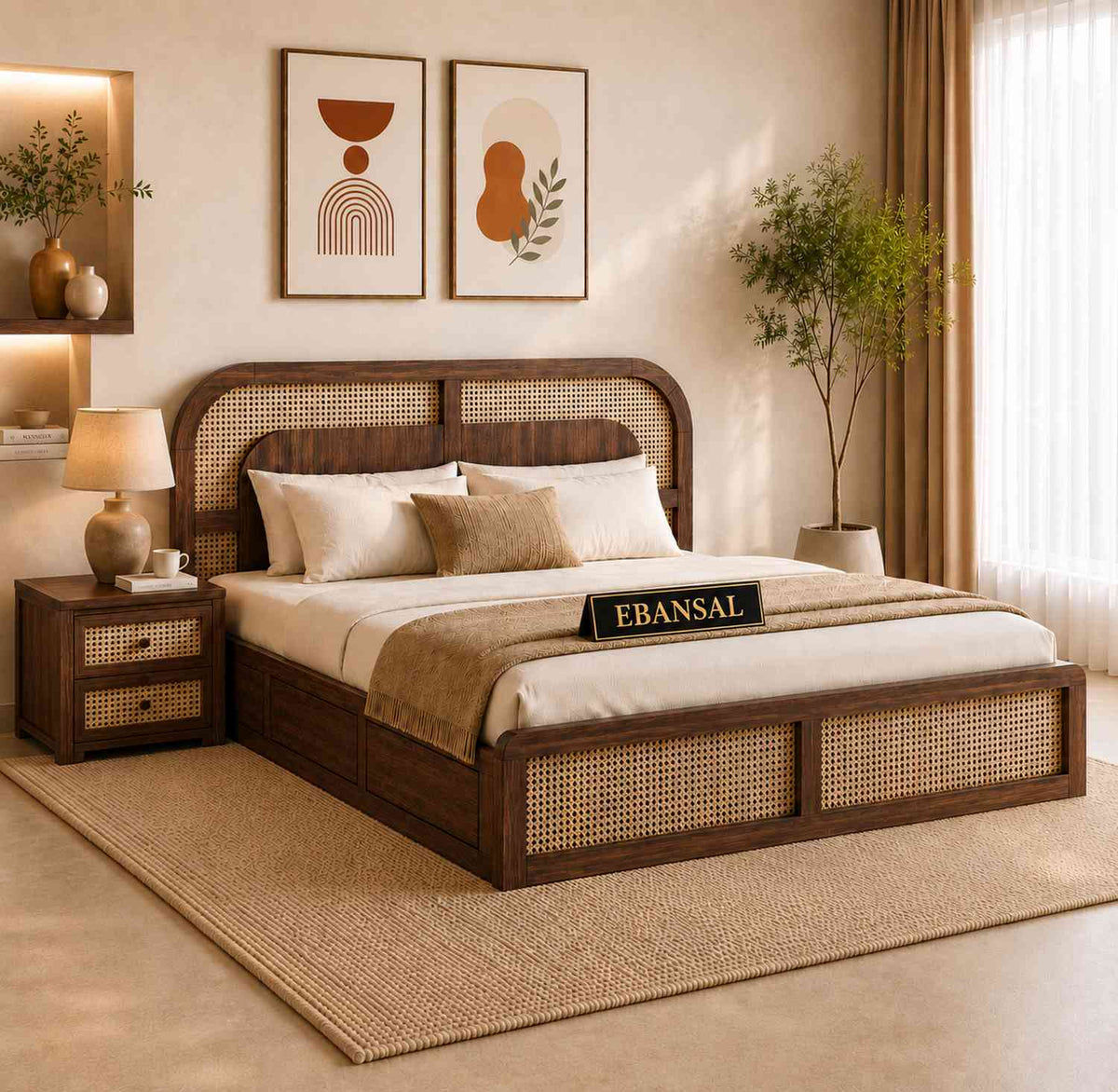Canejoy Solid Sheesham Wood Bed With Manual Box Storage (King Size, Walnut Finish)