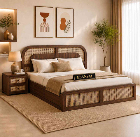 Canejoy Solid Sheesham Wood Bed With Manual Box Storage (King Size, Walnut Finish)