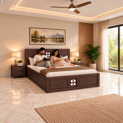 Monstro Solid Sheesham Wood Hydraulic Bed With Box Storage (Queen Size, Walnut Finish)
