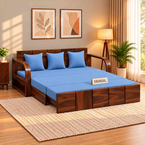 Mobell Solid Sheesham Wood 3 Seater Sofa Cum Bed (Walnut Finish, Sky Blue)
