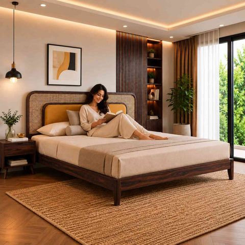 Canejoy Solid Sheesham Wood Bed Without Storage With Cushion (King Size, Walnut Finish)
