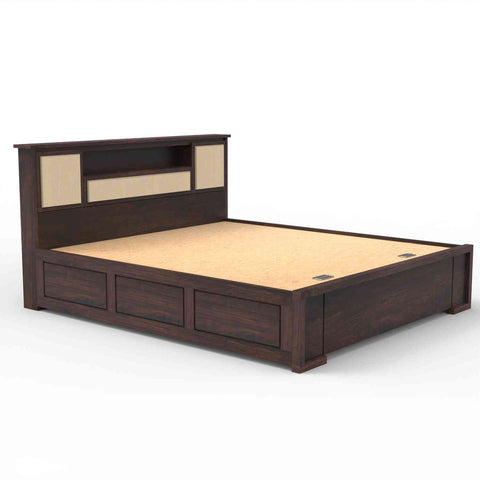Feelinn Solid Sheesham Wood Hydraulic Bed With Box Storage (Queen Size, Walnut Finish)
