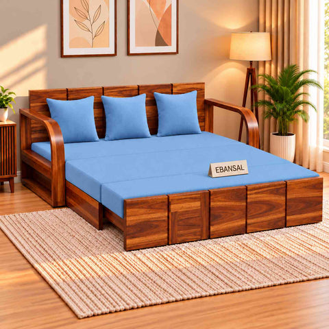 Mobell Solid Sheesham Wood 3 Seater Sofa Cum Bed (Natural Finish, Sky Blue)