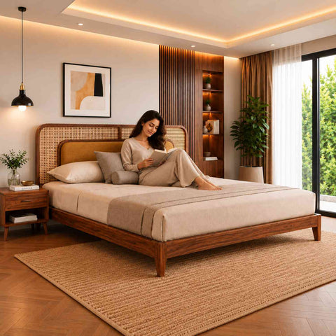 Canejoy Solid Sheesham Wood Bed Without Storage With Cushion (King Size, Natural Finish)