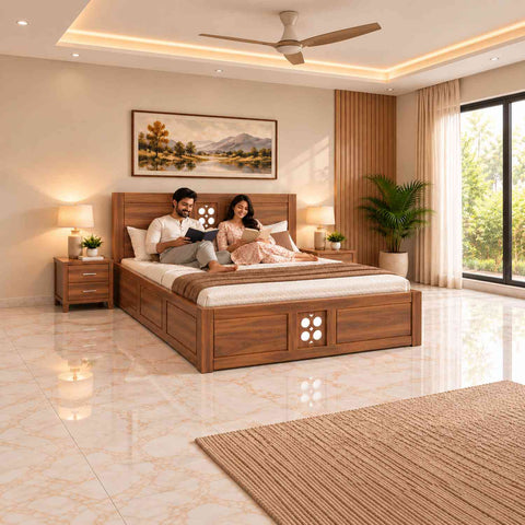Monstro Solid Sheesham Wood Hydraulic Bed With Box Storage (Queen Size, Natural Finish)