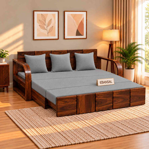 Mobell Solid Sheesham Wood 3 Seater Sofa Cum Bed (Walnut Finish, Light Grey)