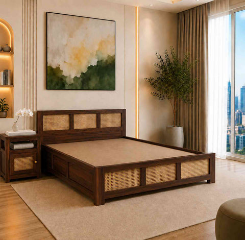 Canejoy Solid Sheesham Wood Hydraulic Bed With Box Storage 3 Blocks (King Size, Walnut Finish)