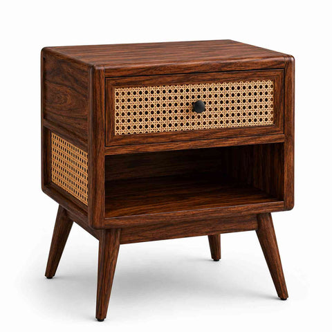 Canejoy Solid Sheesham Wood Bedside Table With 1 Drawer (Walnut Finish)