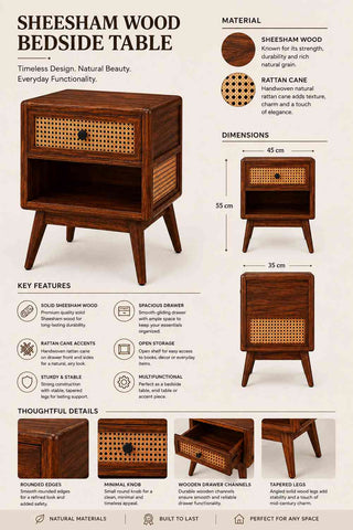 Canejoy Solid Sheesham Wood Bedside Table With 1 Drawer (Walnut Finish)