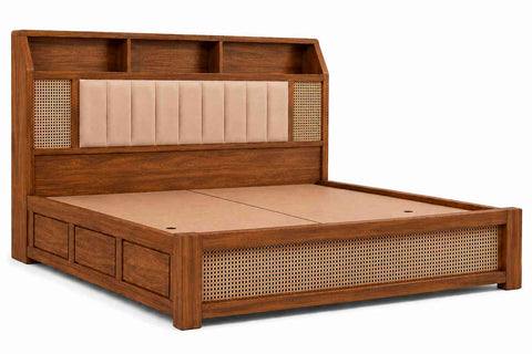 Canejoy Solid Sheesham Wood Bed With Box Storage (Queen Size, Natural Finish)