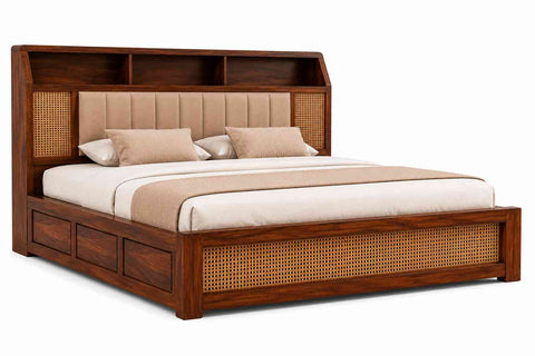 Canejoy Solid Sheesham Wood Bed With Box Storage (Queen Size, Natural Finish)