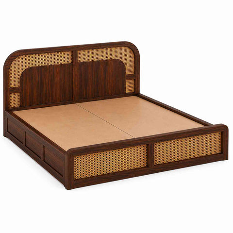 Canejoy Solid Sheesham Wood Bed With Manual Box Storage (King Size, Walnut Finish)