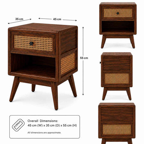 Canejoy Solid Sheesham Wood Bedside Table With 1 Drawer (Walnut Finish)