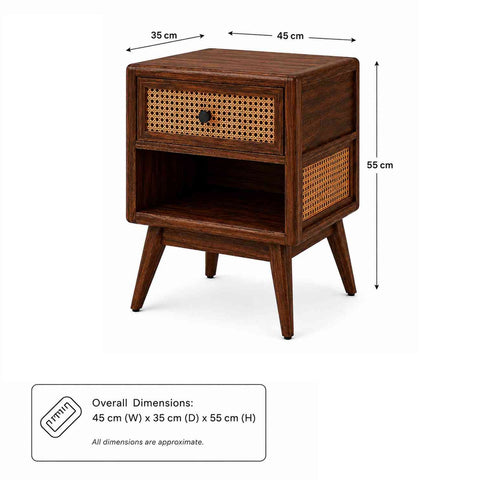 Canejoy Solid Sheesham Wood Bedside Table With 1 Drawer (Walnut Finish)