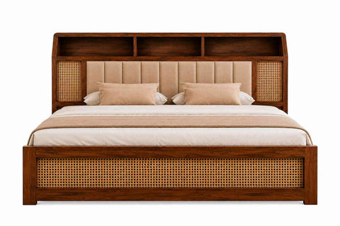 Canejoy Solid Sheesham Wood Hydraulic Bed With Box Storage (King Size, Natural Finish)