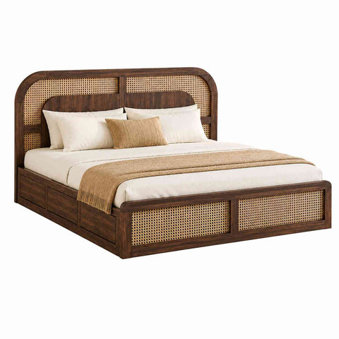 Canejoy Solid Sheesham Wood Bed With Manual Box Storage (Queen Size, Walnut Finish)
