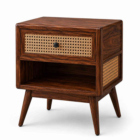 Canejoy Solid Sheesham Wood Bedside Table With 1 Drawer (Walnut Finish)