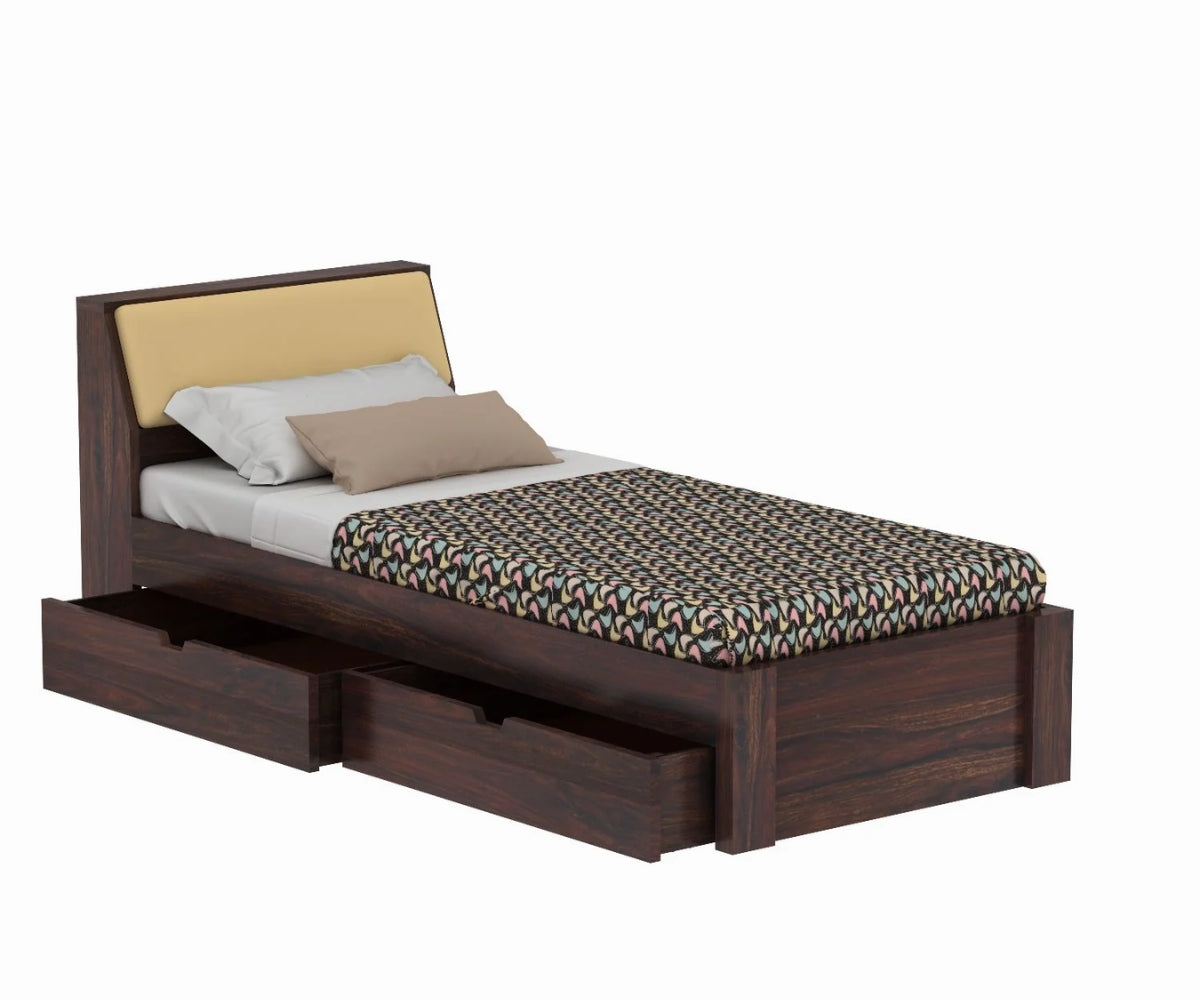 Rubikk Solid Sheesham Wood Single Bed With Two Drawers (Walnut Finish)
